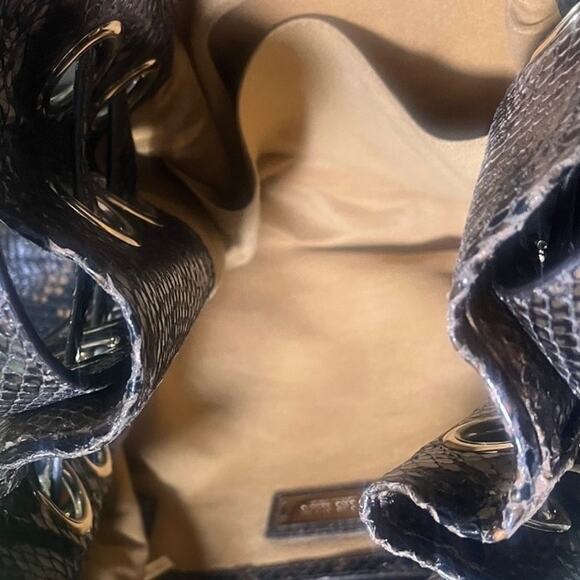 Jimmy Choo Ramona Brown Snakeskin Embossed Leather Cinched Satchel Bag - Picture 6 of 13